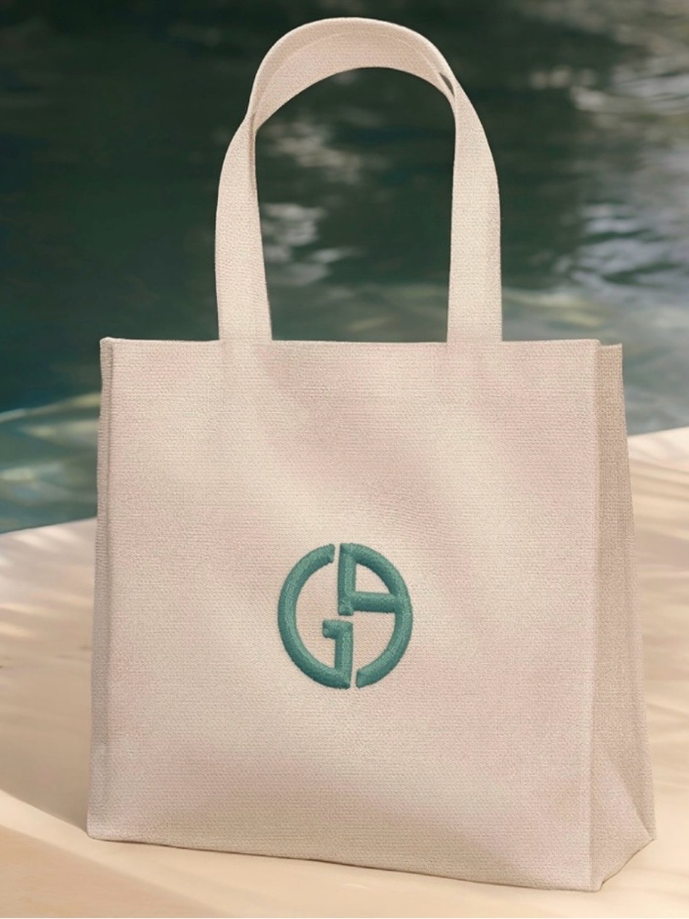 Giorgio Armani Cream Canvas Tote with Teal Logo